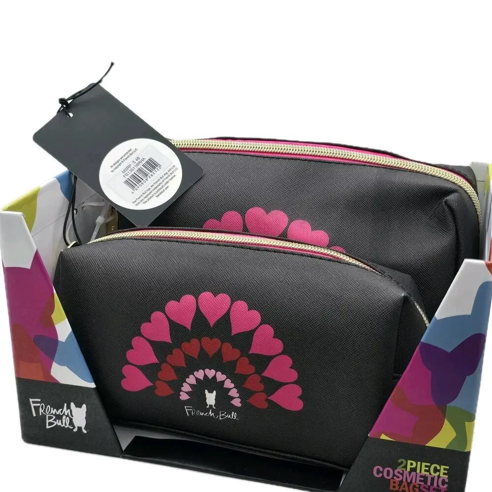 French Bull Dog‎ 2 Piece Set Cosmetic Black Pink Hearts Makeup Travel Organizer
